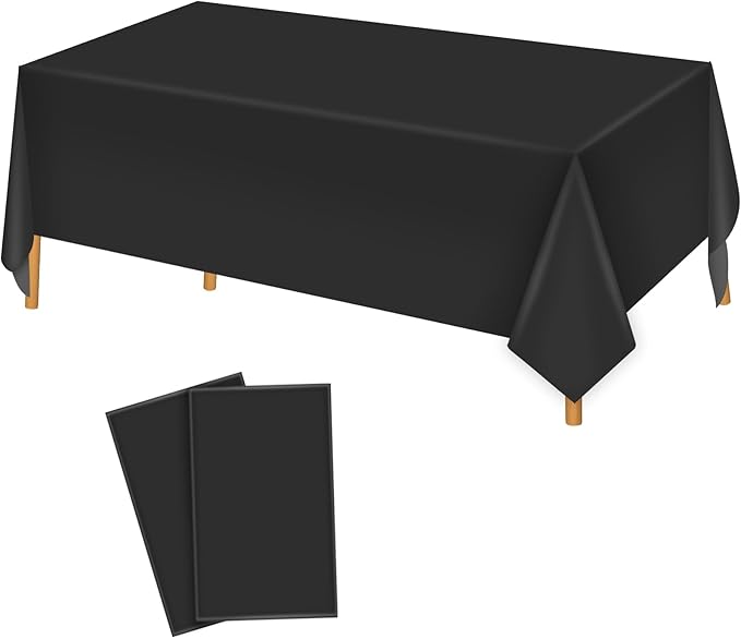 2 Pack Black Plastic Tablecloth 54 x 108 Inch Disposable Table Cloth Rectangular Table Cover for Indoor or Outdoor Parties Engagement Wedding Bridal Shower Banquet
