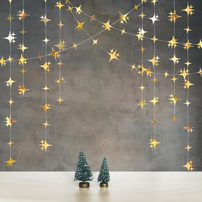 Glitter Gold Four-Angle Star Paper Garland Banner Décor 40 Feet Gold Twinkle Star Hanging Bunting Banner Backdrop for Wedding Baby Shower Birthday Graduation Disco Party Decorations