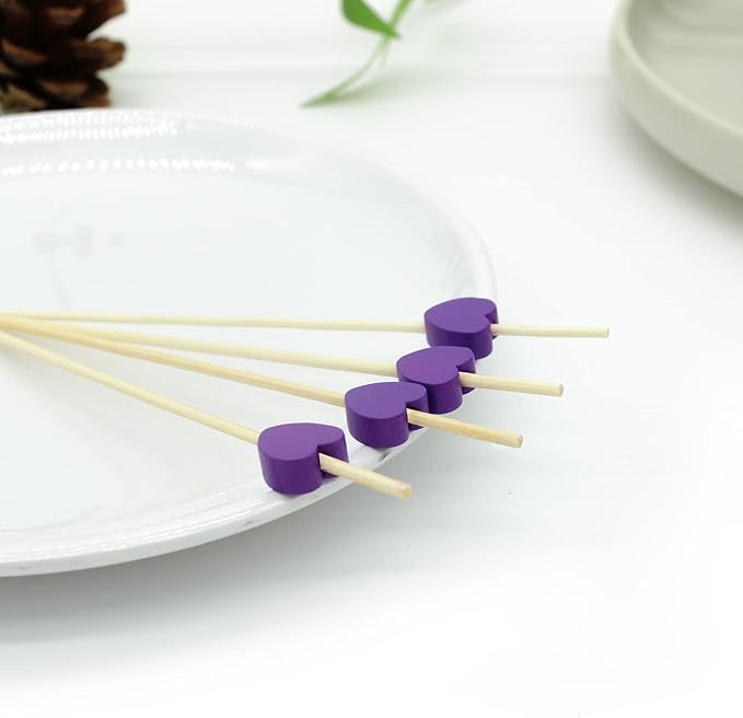 100pcs Purple Love Heart Cocktail Picks 4.7" Long Fruit Sticks Food Toothpicks Sandwich Appetizer Charcuterie Skewers, for Valentines Galentines Mothers Day Birthday Decorations Party Supplies