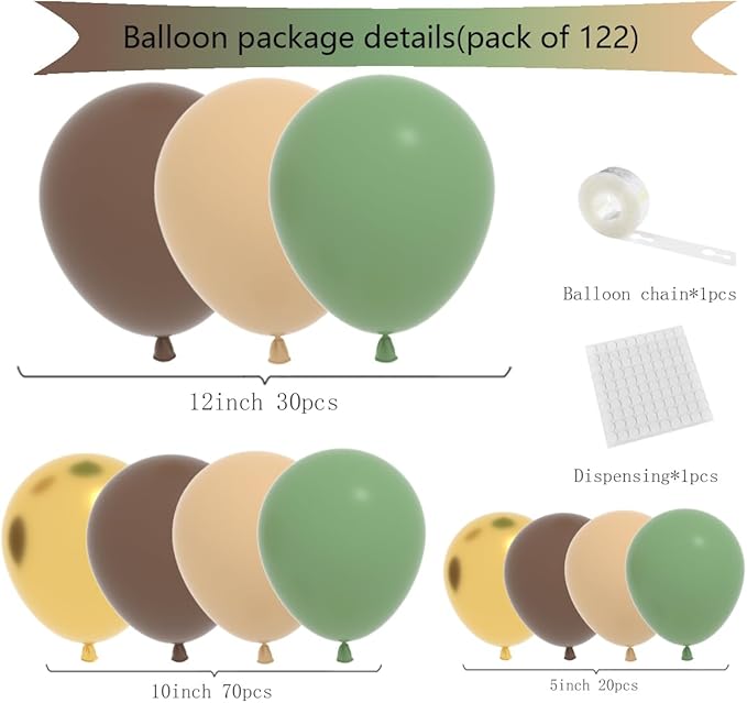Sage Green and Brown Balloon Garland Arch Kit, 122PCS Brown Nude Gold Balloons Woodland Camo Army Olive Green Balloon for Jungle Safari Woodland Hunting Theme Birthday Baby Shower Decorations