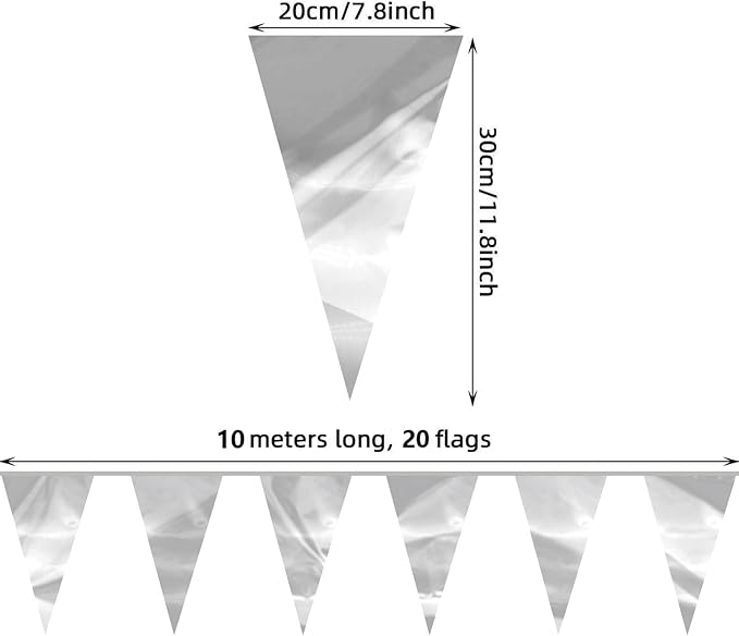 32.8FT Silver Glitter Triangle Pennant Banner Flag Metallic Bunting Outdoor Garland for Christmas Graduation Wedding Engagement Anniversary Bachelorette Birthday Bridal Shower Valentine's Party Decor