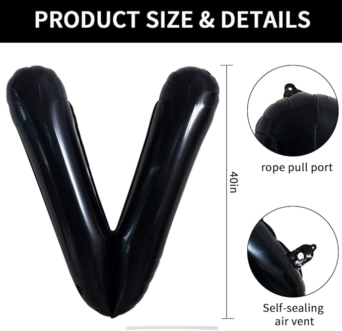 TONIFUL 40 Inch Large Black V Letter Balloons, Jumbo Helium Balloons for 2026 New Year Eve Graduation Wedding Baby Shower Birthday Party, Anniversary Supplies & Decorations