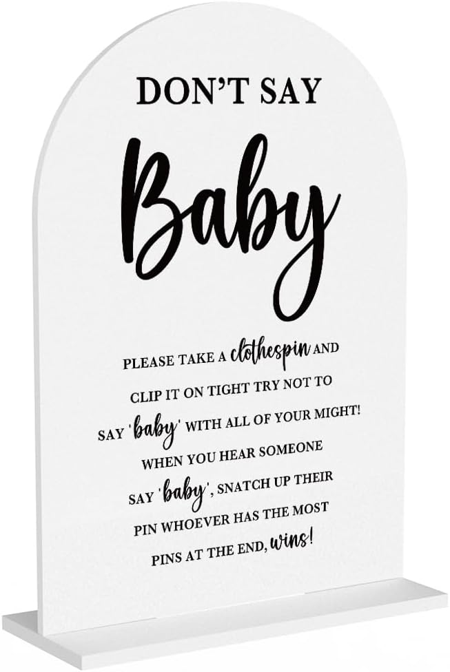 Baby in Bloom Shower Decorations, Baby Shower Sign, Newborn Gifts, Don't Say Game Signs, Modern Calligraphy Arched Acrylic Table Top Signs With Stand for Birthday Party Decorations (White)