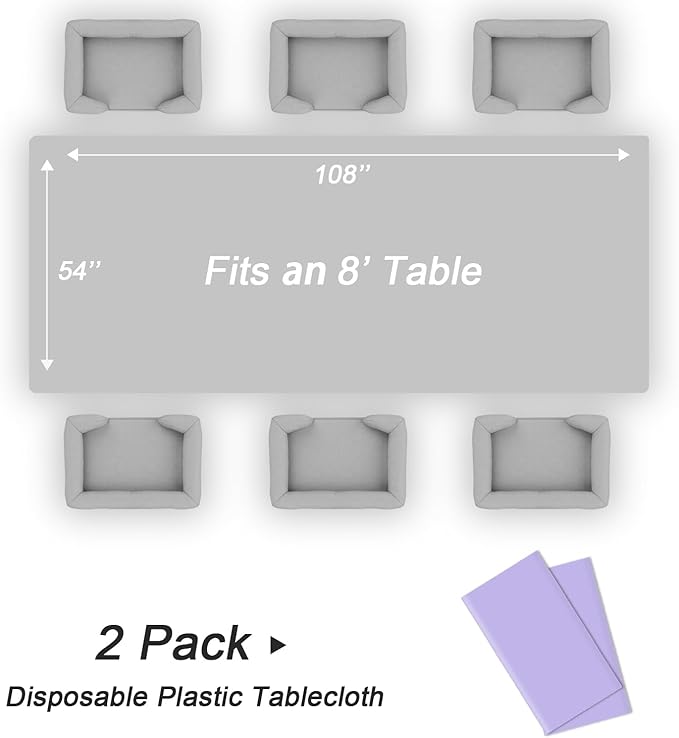 QIKSION Lavender Plastic Table Cloth Disposable 2 Pack, 54 x 108 Inch Tablecloths for Birthday Party Supplies, Easter Decorations, Light Purple, Pastel, Lilac Rectangle Table Cover
