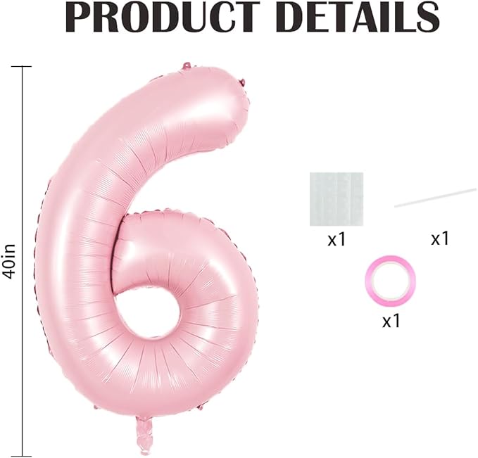 TONIFUL 40 Inch Pastel Pink Number 6 Balloon Balloon Big Pink Digital 6 Balloon for Girl's Birthday Party Wedding Bridal Shower Engagement Anniversary Photo Shoot Supplies