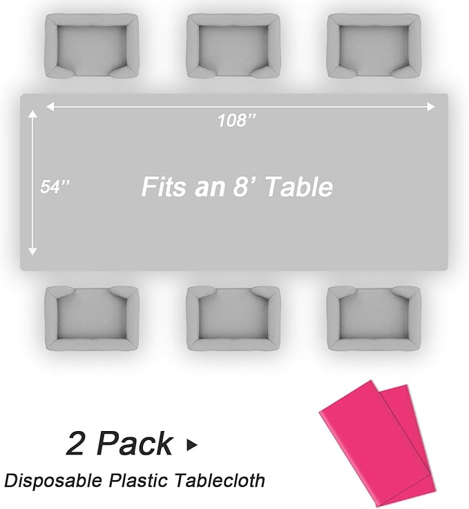 QIKSION Hot Pink Plastic Table Cloth Disposable 2 Pack, 54 x 108 Inch Tablecloths for Birthday Party, Valentines, Mothers Day Decorations, Rectangle Table Cover