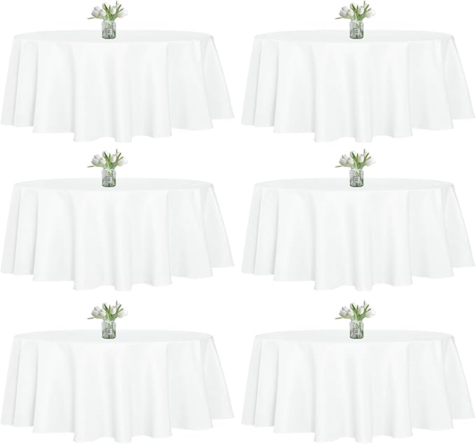 WIGENIUS 6 Pack White Table Cloth Round 90 Inch Polyester Tablecloths, Wrinkle Resisitant Tablecloth for Wedding Buffet Parties and Dining (White, 90 inches Round)