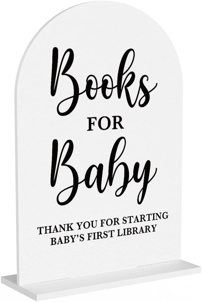 Baby in Bloom Shower Decorations, Baby Shower Sign, Newborn Gifts, Books Signs, Modern Calligraphy Arched Acrylic Table Top Signs With Stand for Birthday Party Decorations (White)