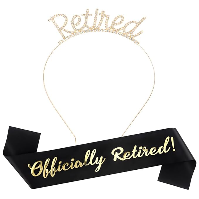 AOPRIE Retired Headband fow Women Crwon Tiara for Men Officiallly Retired Sash for Retirement Work Party Events Party Supplies Gifts Favors Decorations, Gold Black, 2 Pack