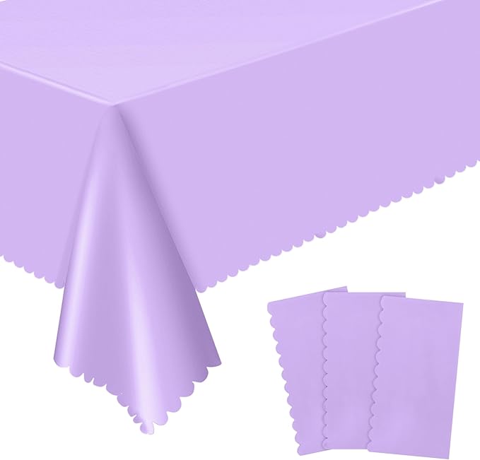 3 Pack Lavender Plastic Tablecloth, 54 X 108Inch Disposable Light Purple Scalloped Easter Table Cloth Waterproof Spring Table Cover for Mother's Day BBQ Picnic Baby Shower Birthday Wedding Decor