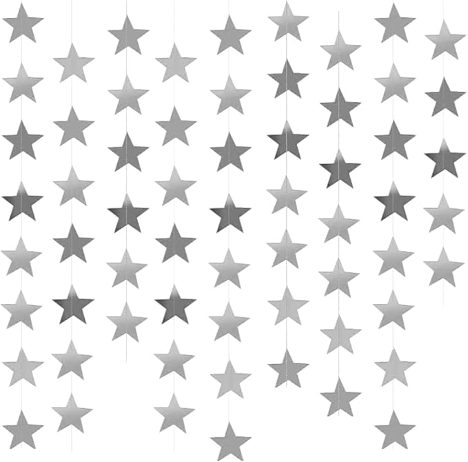 Silver Glitter Star Garland Hanging Decorations, Streamer Bunting Banner Decorations,65 Feet, Twinkle Star Backdrop for Graduation, Birthday, Wedding, Christmas Party, New Year (Silver)