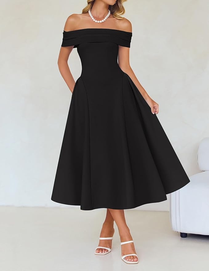 ZESICA Summer 2026 Cocktail Dresses for Women's Off Shoulder Short Sleeve Swing A Line Wedding Evening Party Midi Dress