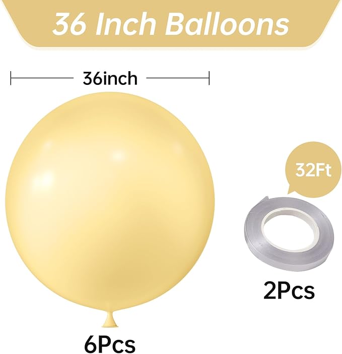 KALOR 36 Inch Giant Pastel Yellow Balloons, 6 Pack Large Round Pastel Yellow Latex Balloons for Anniversary, Birthday, Christmas, Wedding, Baby Shower Party Decorations