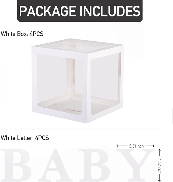 White Clear Baby Boxes with Baby Letters Party Decoration - Transparent Ballon Boxes Backdrop - Baby Shower Birthday Party ,Gender Reveal ,Wedding -4PCS
