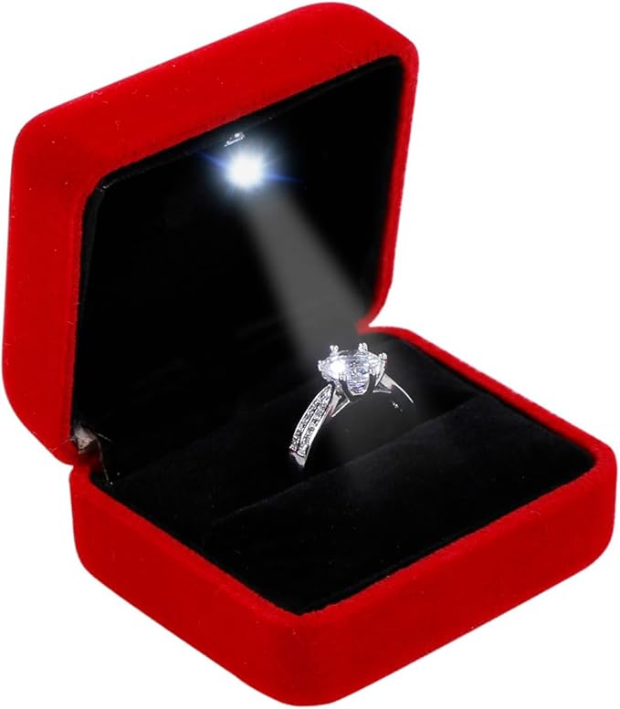 Velvet Metal Glossy with LED Jewelry Gift Box for Proposal, Engagement, Wedding - Easy to fit into Your Pocket or Handbag - Red