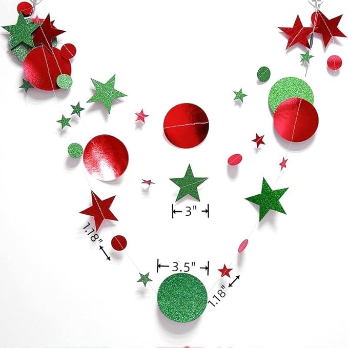JEYE Red Green Circle Dots Twinkle Star Party Garland Banner Decoration Paper Hanging Streamer Bunting Backdrop Decor for Birthday Wedding Thanksgiving Christmas Decor, Pack of 2, 26 Feet in Total