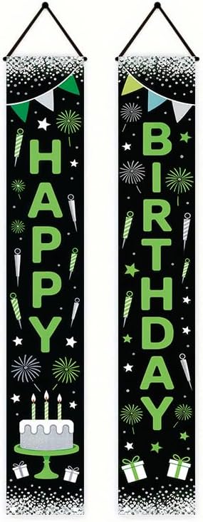 12x71 inch birthday porch banner suitable for indoor outdoor birthday party decoration, featuring green and black design, fireworks candle gifts, durable fabric, suitable for terraces