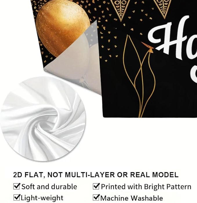 Happy Birthday Porch Banner 71x43 Inch, Large Black and Gold Balloon Backdrop with Confetti and Flags, Birthday Party Decorations for Indoor Outdoor Yard Patio Wall Hanging