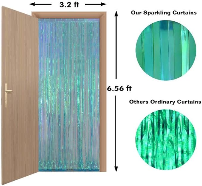 Melsan Iridescent Blue Fringe Backdrop Party Streamer Decorations - 3.2 x 6.5 ft Tinsel Backdrop Foil Curtains for Gender Reveal Under The Sea Ocean Theme Birthdays Parties - 2 Packs