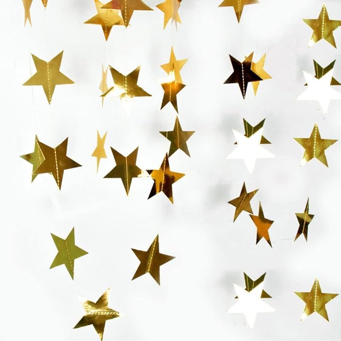 Gold Glitter Star Garland Hanging Decorations, Streamer Bunting Banner Decorations,65 Feet, Twinkle Star Backdrop for Graduation, Birthday, Wedding, Christmas Party, New Year (Gold)