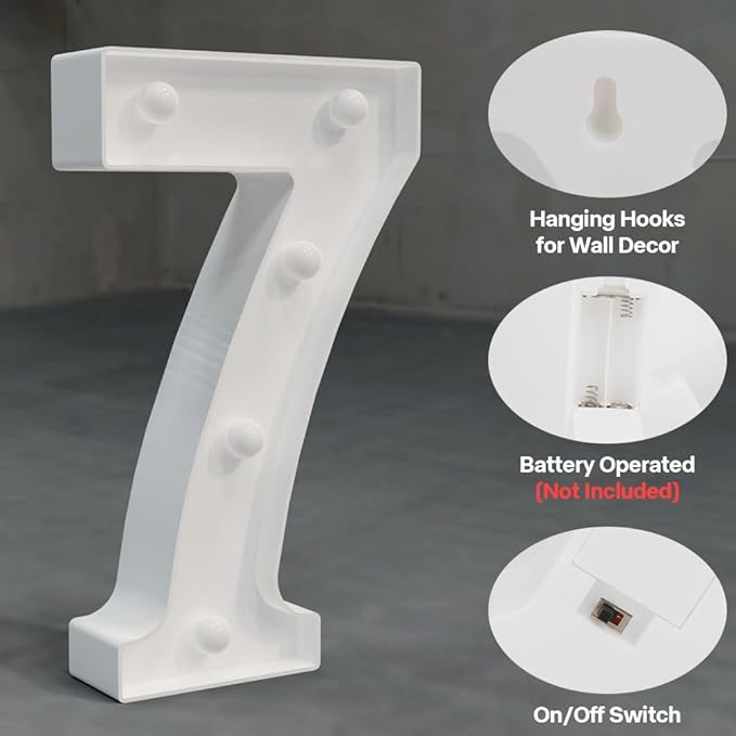 Marquee Numbers Light up Numbers, 0-9 Number Battery Powered LED Light, White Plastic Numbers Sign, Night Light Number Decor for Graduation Engagement Wedding Baby Shower Birthday (Number 7)