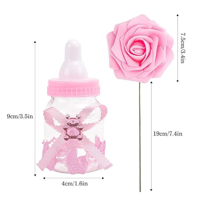 MACTING 2 Dozens Feeding Bottle Candy Box with 6pcs Artificial Flower Rose, 3.5 Inch Boys Girls Favor Baby Bottles for Baby Shower Favor Gift Decoration, Blue Pink