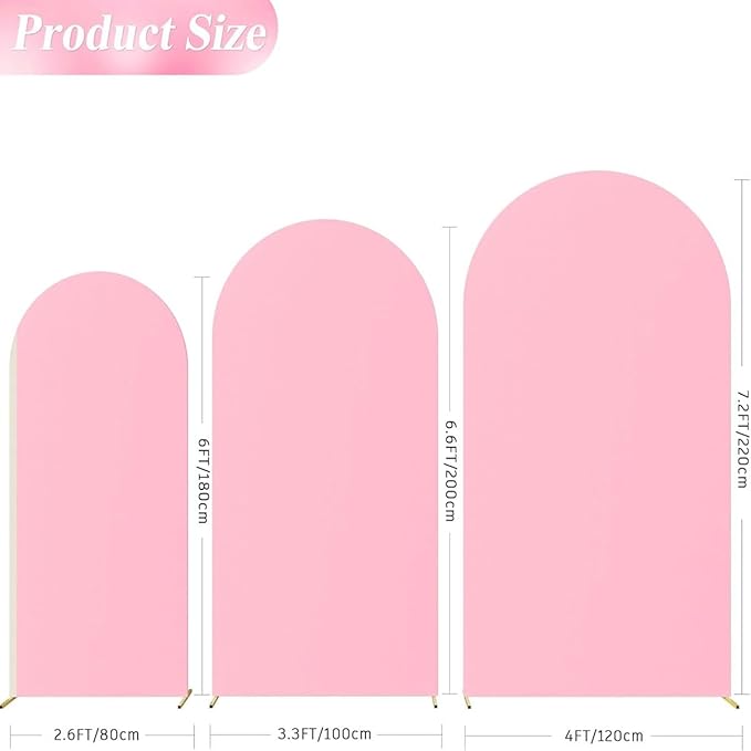 Wedding Arch Cover (7.2FT, 6.6FT, 6FT) Set of 3 Arch Backdrop Spandex Cover for Birthday Party Baby Shower Ceremony Banquet Decoration (Pink, 7.2FT,6.6FT,6FT)