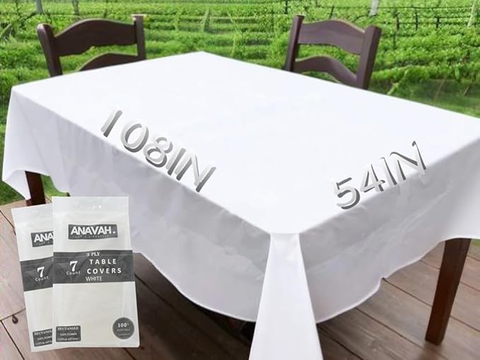 Paper Tablecloths for Rectangle Tables 7 Pack,White Disposable Paper Tablecloth, 3 Ply Paper & Plastic 54" x 108" Tablecover, Table Cloth for Various Occasions Parties, Indoor & Outdoor Banquet Use