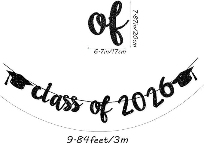 Class of 2026 Graduation Banners Party Decorations, Black Glitter Graduation Banners Garland for Congratulation Graduations Party Supplies, School, Home, Car Decorations