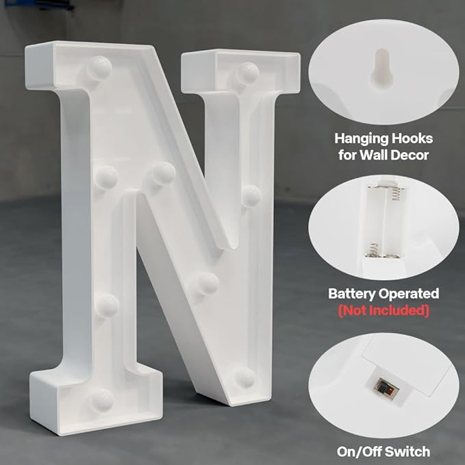 Light Up Marquee Letter N - 26 Alphabet Battery Powered LED Lights, Night Light White Plastic for Engagement Party Wedding Baby Shower Birthday Bar Decoration