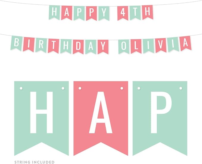 Andaz Press Personalized Hanging Pennant Banner Party Decorations, Seafoam Mint Green, Coral, Happy 4th Birthday Olivia, 1-Pack, Approx. 5-Feet, Custom Name and Number