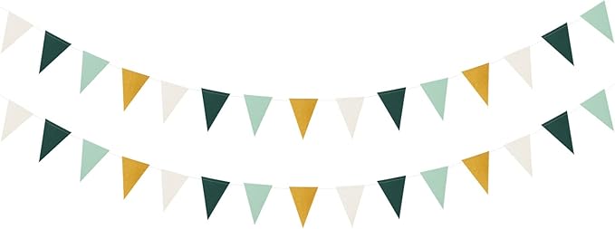 Sage Green Ivory Gold Pennant Banner,2 Pack Paper Triangle Flags,Baby Bridal Shower Safari Jungle Birthday Tropical Party Decorations Wedding Bachelorette Engagement Bunting Lasting Surprise