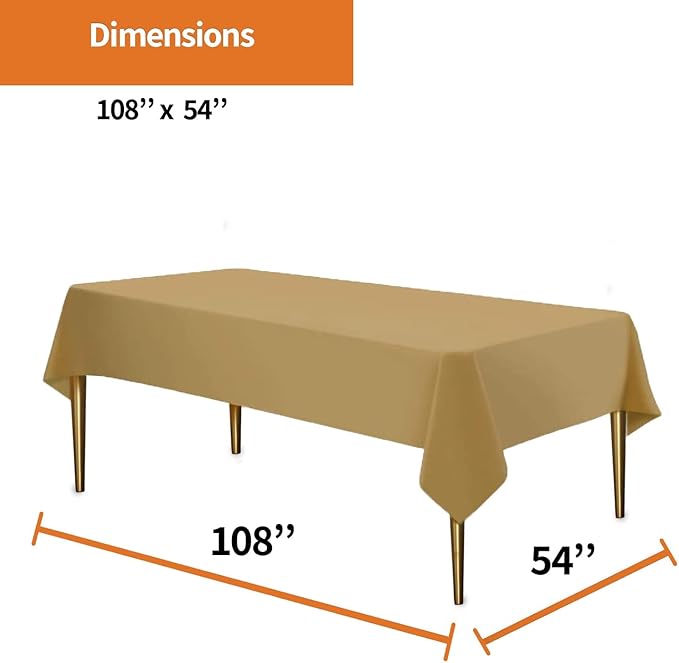 Party Dimensions Gold Disposable Plastic Tablecloth for Rectangle Tables (48 Pack) Premium Decorative Table Cloths for Parties, Events & Weddings, Indoors & Outdoors, 54 x 108 inches