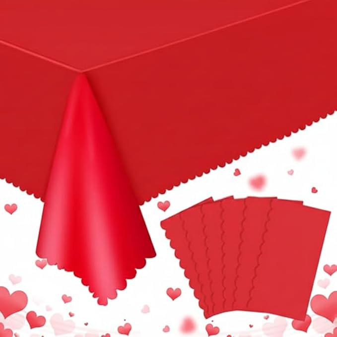 6 Pack Red Plastic Tablecloths, 54 x 108 Inch Valentine's Day Scalloped Tablecloth Disposable Red Table Cloths for Rectangle Tables Waterproof Table Covers for Anniversay Wedding Party