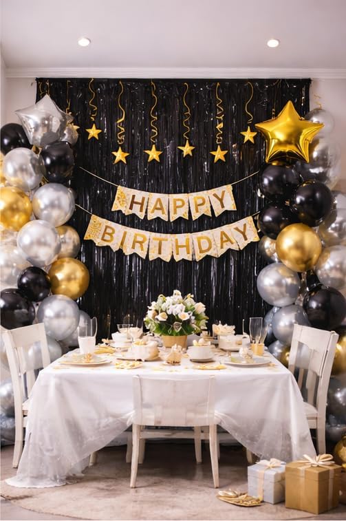 Black Foil Fringe Backdrop Curtain 2 Pack – 3.2 x 6.4 ft Metallic Tinsel Streamer Party Decoration for Photo Booth, Birthday Party, Graduation & Celebration Backdrop