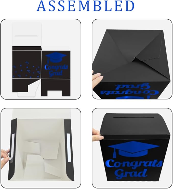 Graduation Card Box Holder, Congrats Grad Foldable Cardboard Decorations Box for Graduation Party Decoration and Grad Parties (Black-blue)