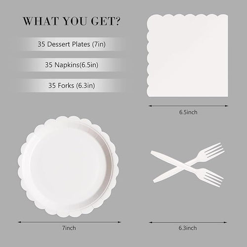 105PCS Paper Plates and Napkins Set,7 Inch Scalloped Disposable Tableware with Forks for Birthdays, Garden Parties & Outdoor Events,Serves 35 (White)