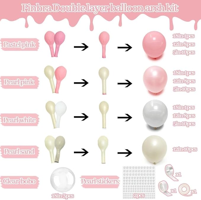 Light Pink White Balloon Arch, Double Stuffed Pastel Pink White Sand Pearl Balloon with Clear Latex Balloon for Baby Shower Birthday Bridal Mother’s Day Party Decorations