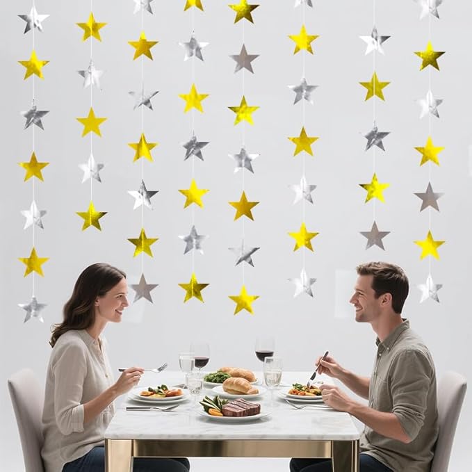 Gold Silver Shining Star Hanging Garland Gold and Silver Hanging Sparkling Star Streamer Glitter Bunting Banner Twinkle Backdrop for Wedding Baby Shower Birthday Christmas Decorations 40 Feet