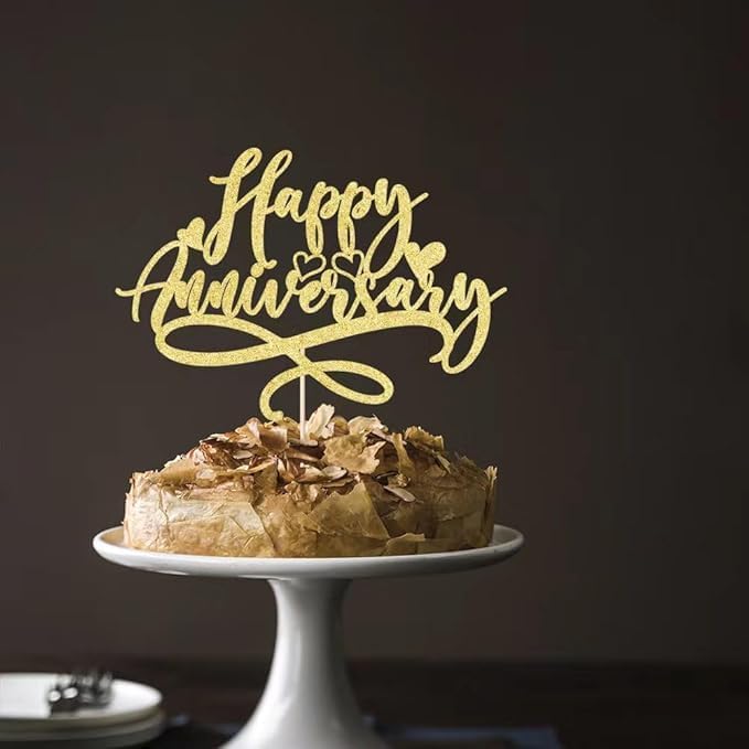 Happy Anniversary Cake Topper, celebrate Company Wedding Birthday Party Decoration Gold Glitter(Anniversary)