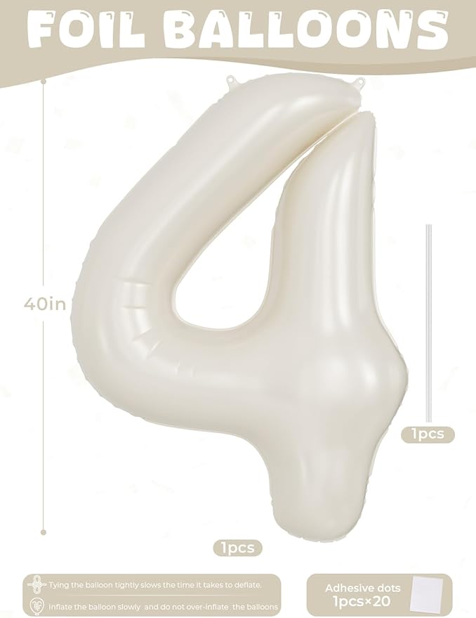 Cream Number 4 Balloons – 40 Inch Giant Foil Number Balloon, Light Cream Number Balloon for Birthday Anniversary Baby Shower Party Decorations