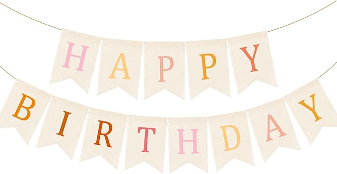 Doumeny Happy Birthday Burlap Banner Boho Birthday Bunting Garland Pink Bohemian Sign Flag White Birthday Hanging Banner Pastel Rainbow Party Decor for Home Mantel Fireplace Nursery Party Backdrop