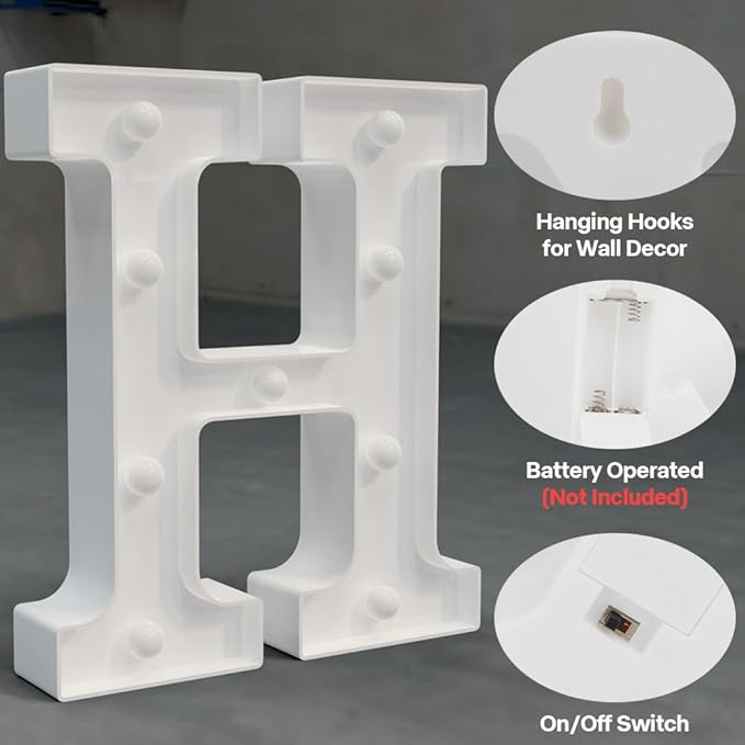 Light Up Marquee Letters - 26 Alphabet Battery Powered LED Lights, Night Light White Plastic for Engagement Party Wedding Baby Shower Birthday (Letter H)