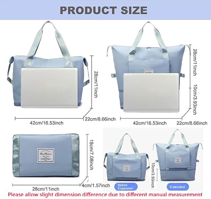 Large Capacity Folding Travel Bag, Lightweight Waterproof Luggage Bag, Expandable Travel Duffel Bag, Dry Wet Separated Gym Tote Bag, Weekender Overnight Bags for Women and Man (Blue)