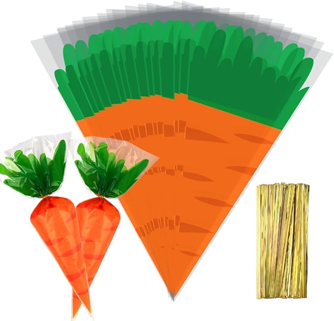 100 Cellophane Gift Bags - Easter Carrot Shape Candy Bags with 100 Twist Ties for Cookies, Candy & Party Decoration - OPPSET01