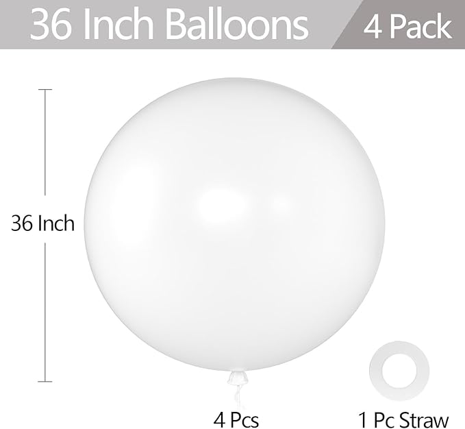 KALOR White Giant Balloons 36 Inch Large Latex Balloons, 4 Pack Jumbo Round Helium Balloon for Birthday Bridal Shower Wedding Baby Shower Party Decorations