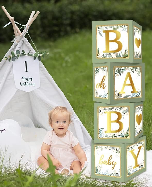 RUBFAC Sage Green Baby Boxes with Letters for Baby Shower, 4pcs Safari Baby Shower Decorations for Boy Girl Balloon Boxes Gender Reveal Birthday Party Favors