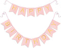 Pink Happy Birthday Banner - Hanging Backdrop Sign with Gold Letters, Happy Birthday Sign Bunting Decorations for Women men Kids Baby Shower Party Supplies (13pcs)