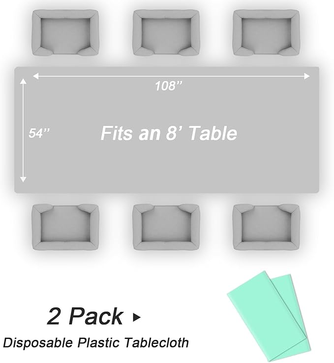 QIKSION Fresh Mint Plastic Table Cloth Disposable 2 Pack, 54 x 108 Inch Tablecloths for Party, Birthday, Rectangle Table Cover