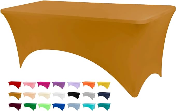 Table Covers for 8 Foot Tables, Gold Washable and Wrinkle Resistant Stretch Tablecloths Rectangle 8ft for Events, Wedding, Banquets, Parties